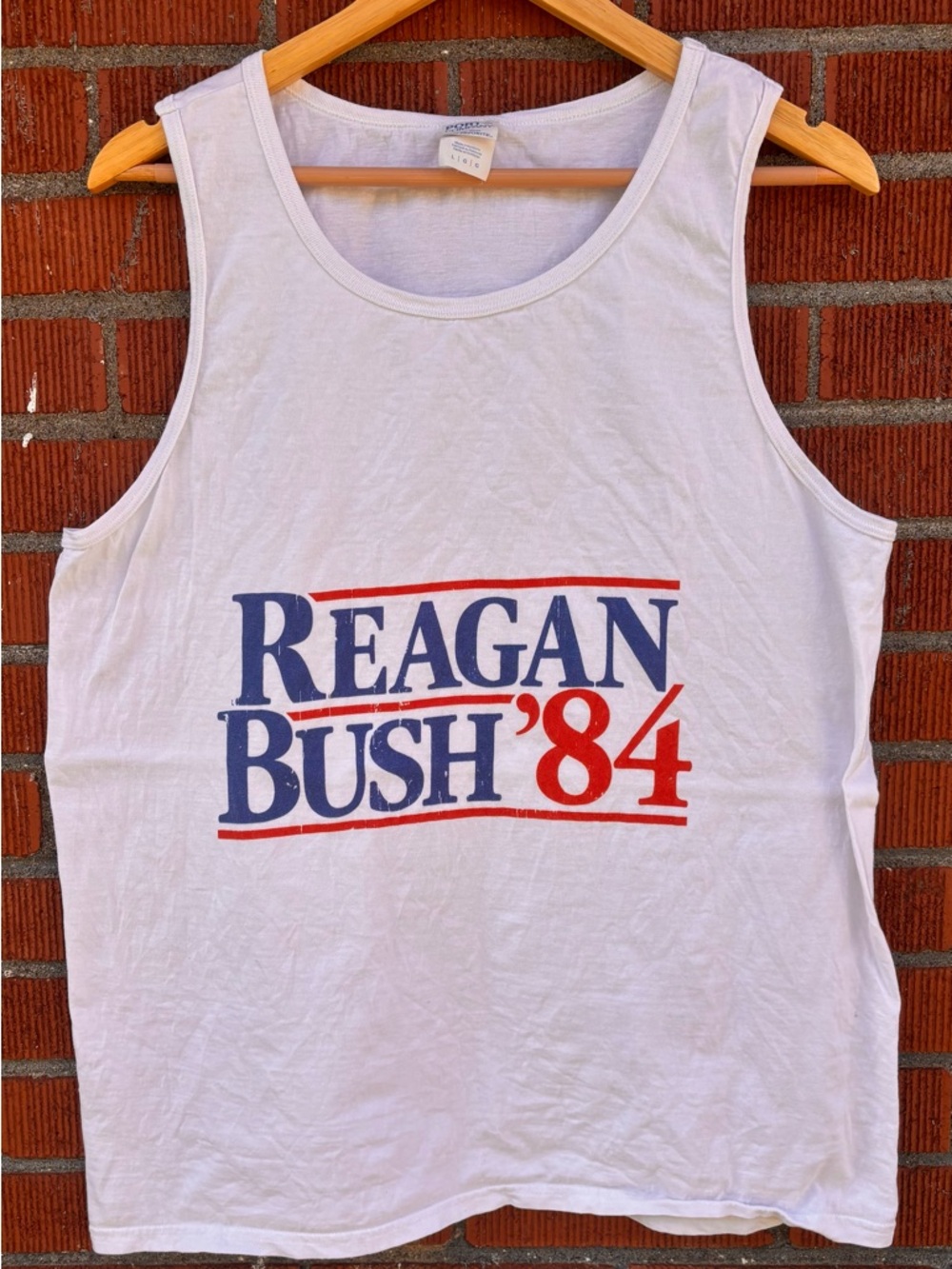 Vintage Reagan Bush '84 Graphic Tank Top - White with Red & Blue Print